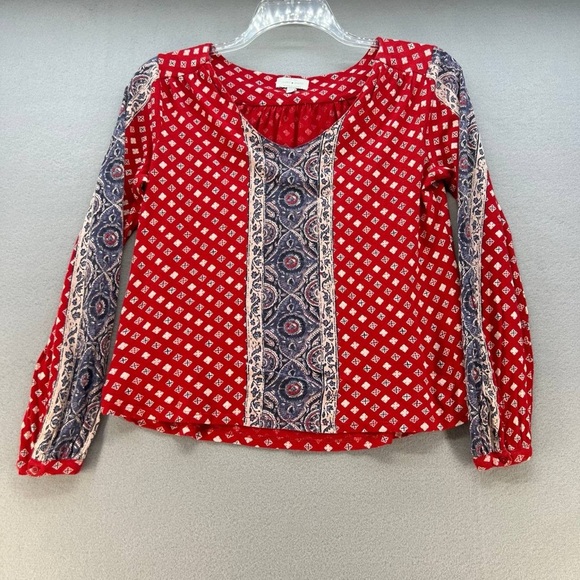 Lucky Brand Multicolored Patterned V Neck Long Sleeve Red Shirt Women’s Size S - Picture 7 of 13